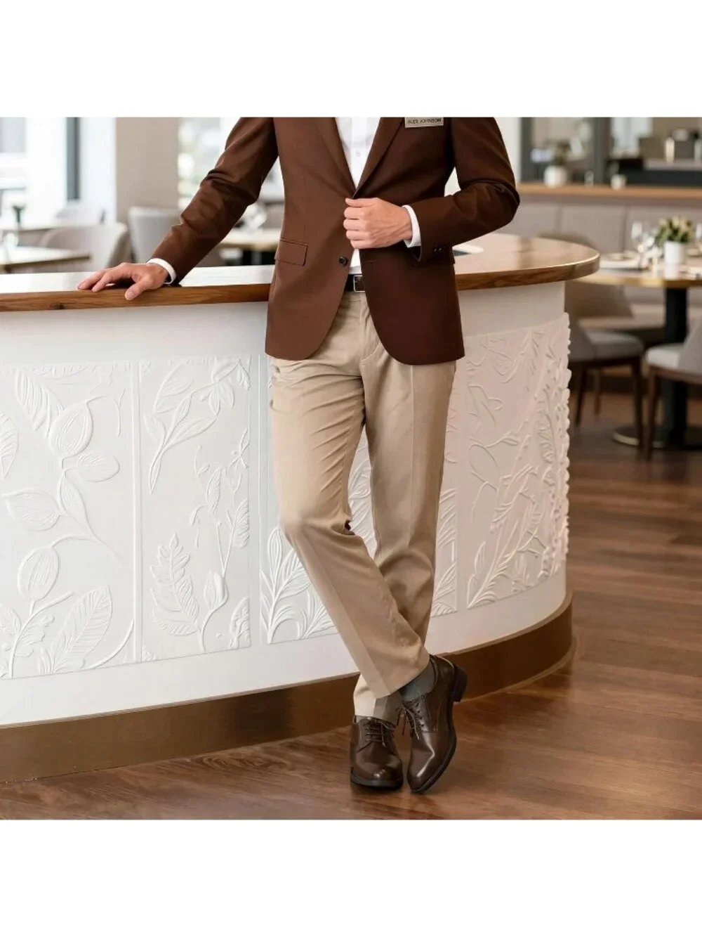 Men's Brown Matte Leather Anti-Slip Grooved Plain Toe Derby Tuxedo Dress Shoes